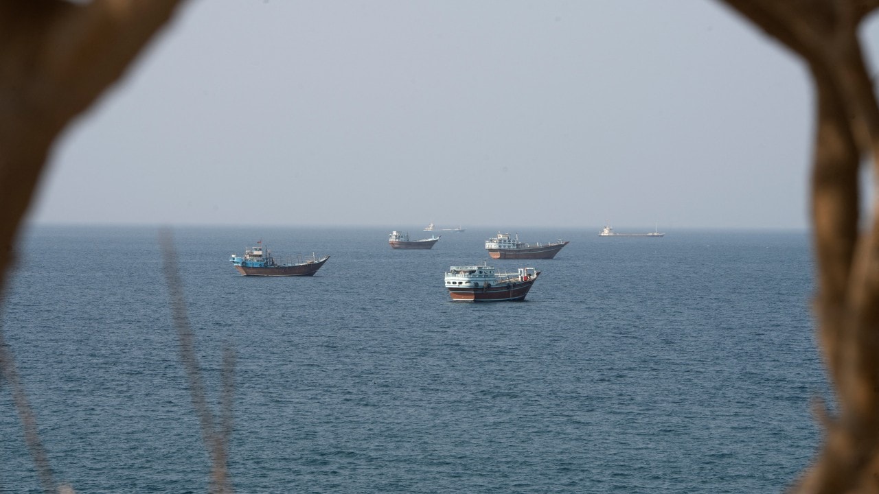Vessels near the Strait of Hormuz on Monday, as seen from Oman. Vessels near the Strait of Hormuz on Monday, as seen from Oman.
