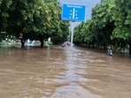 A waterlogged road in Chandigarh on Tuesday after the evening downpour. (Keshav Singh/HT) A waterlogged road in Chandigarh on Tuesday after the evening downpour. (Keshav Singh/HT)