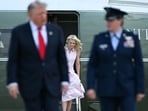 Natalie Harp, aide to US President Donald Trump, steps off Marine One as President Trump walks to board Air Force One at Joint Base Andrews, Maryland, on July 27, 2026. Trump is traveling to Milford, Michigan to deliver remarks at General Motors’ vehicle testing site Milford Proving Ground.