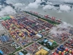Containers are seen at the port in Nanjing, in China�s eastern Jiangsu province on August 12,