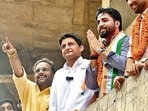 Congress Lok Sabha MP from Haryana Deepender Singh Hooda, and NSUI National President Vinod Jakhar welcomed Sumit Sharma in NSUI at Student centre Panjab University, Chandigarh, India, on Tuesday. (Ravi Kumar/HT)