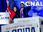 Byron Donalds and his wife Erika Donalds, during a "Get Out The Vote" rally ahead of a primary election in Boca Raton, Florida, US, on Sunday, Aug. 16, 2026. 