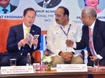 Minister of state Dinesh Pratap Singh (centre) and chief minister Yogi Adityanath’s advisor Awanish Awasthi interacting with US ambassador to India Sergio Gor at the event in Mumbai. (Sourced)
