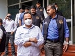 AAP leader Satyendar Jain, centre, being produced before the court after an arrest by the Anti-Corruption Branch in connection with an alleged corruption case involving the tendering process for sewage treatment plant projects of the Delhi Jal Board