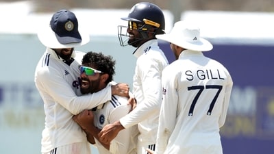 Ravindra Jadeja eventually broke through Dhananjaya de Silva’s defence by getting extra bounce off the surface. The Sri Lankan captain attempted a sweep but top-edged it, with Manav Suthar taking a straightforward catch at short fine leg. (ANI Photo) Ravindra Jadeja eventually broke through Dhananjaya de Silva’s defence by getting extra bounce off the surface. The Sri Lankan captain attempted a sweep but top-edged it, with Manav Suthar taking a straightforward catch at short fine leg. (ANI Photo)
