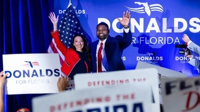 Byron Donalds and his wife Erika Donalds, during a "Get Out The Vote" rally ahead of a primary election in Boca Raton, Florida, US, on Sunday, Aug. 16, 2026. (Eva Marie Uzcategui/Bloomberg) Byron Donalds and his wife Erika Donalds, during a "Get Out The Vote" rally ahead of a primary election in Boca Raton, Florida, US, on Sunday, Aug. 16, 2026. (Eva Marie Uzcategui/Bloomberg)