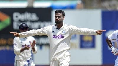 India's Manav Suthar, centre, celebrates after taking a wicket of Sri Lanka's Prabath Jayasuriya on day five of the first Test between India and Sri Lanka, in Galle, Sri Lank. (PTI) India's Manav Suthar, centre, celebrates after taking a wicket of Sri Lanka's Prabath Jayasuriya on day five of the first Test between India and Sri Lanka, in Galle, Sri Lank. (PTI)