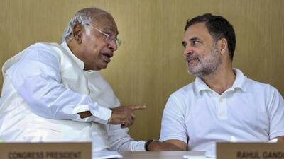 Leader of the Opposition in the Lok Sabha Rahul Gandhi, right, interacts with Congress president Mallikarjun Kharge during the Congress Working Committee (CWC) meeting in New Delhi (AICC via PTI) Leader of the Opposition in the Lok Sabha Rahul Gandhi, right, interacts with Congress president Mallikarjun Kharge during the Congress Working Committee (CWC) meeting in New Delhi (AICC via PTI)