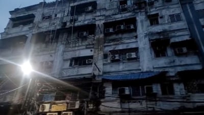 Charred portion of the exterior of a building after a fire broke out at a hotel on Mirza Galib Street, leaving at least nine people dead and six others injured (PTI)