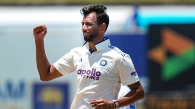 Niroshan Dickwella attempted to create room against Prasidh Krishna and tried to clear the cover region, but only managed a thick edge. Rishabh Pant made no mistake behind the stumps, completing the catch to send Dickwella back. (PTI) Niroshan Dickwella attempted to create room against Prasidh Krishna and tried to clear the cover region, but only managed a thick edge. Rishabh Pant made no mistake behind the stumps, completing the catch to send Dickwella back. (PTI)