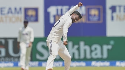 India's Manav Suthar saved his best for the final day, returning figures of 6/55 to dismantle Sri Lanka’s lower order and complete his 10-wicket match haul. (AP Photo/Eranga Jayawardena) India's Manav Suthar saved his best for the final day, returning figures of 6/55 to dismantle Sri Lanka’s lower order and complete his 10-wicket match haul. (AP Photo/Eranga Jayawardena)