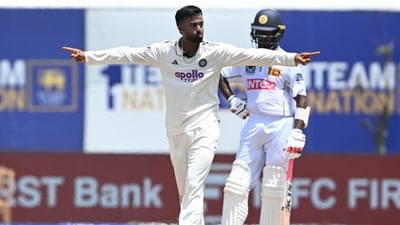Manav Suthar spearheaded India’s 165-run demolition of Sri Lanka in the first Test, completing a match-winning 10-wicket haul on the fifth and final day in Galle. (AFP) Manav Suthar spearheaded India’s 165-run demolition of Sri Lanka in the first Test, completing a match-winning 10-wicket haul on the fifth and final day in Galle. (AFP)