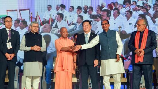 Chief minister Yogi Adityanath with Kotaro Nagasaki, governor of Japan’s Yamanashi Prefecture, Union ministers Ashwini Vaishnaw, Shivraj Singh Chouhan and other dignitaries during the Uttar Pradesh-Japan Investment Meet 2026, in New Delhi on Wednesday. (ANI PHOTO)