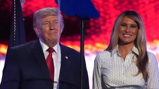Trump and Melania on stage at the conclusion of his speech during Salute to America, an Independence Day event honoring the nation's 250th anniversary (July 4)