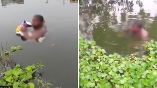 A teen eating snacks while floating in a pond in West Bengal. (Screengrab (X))