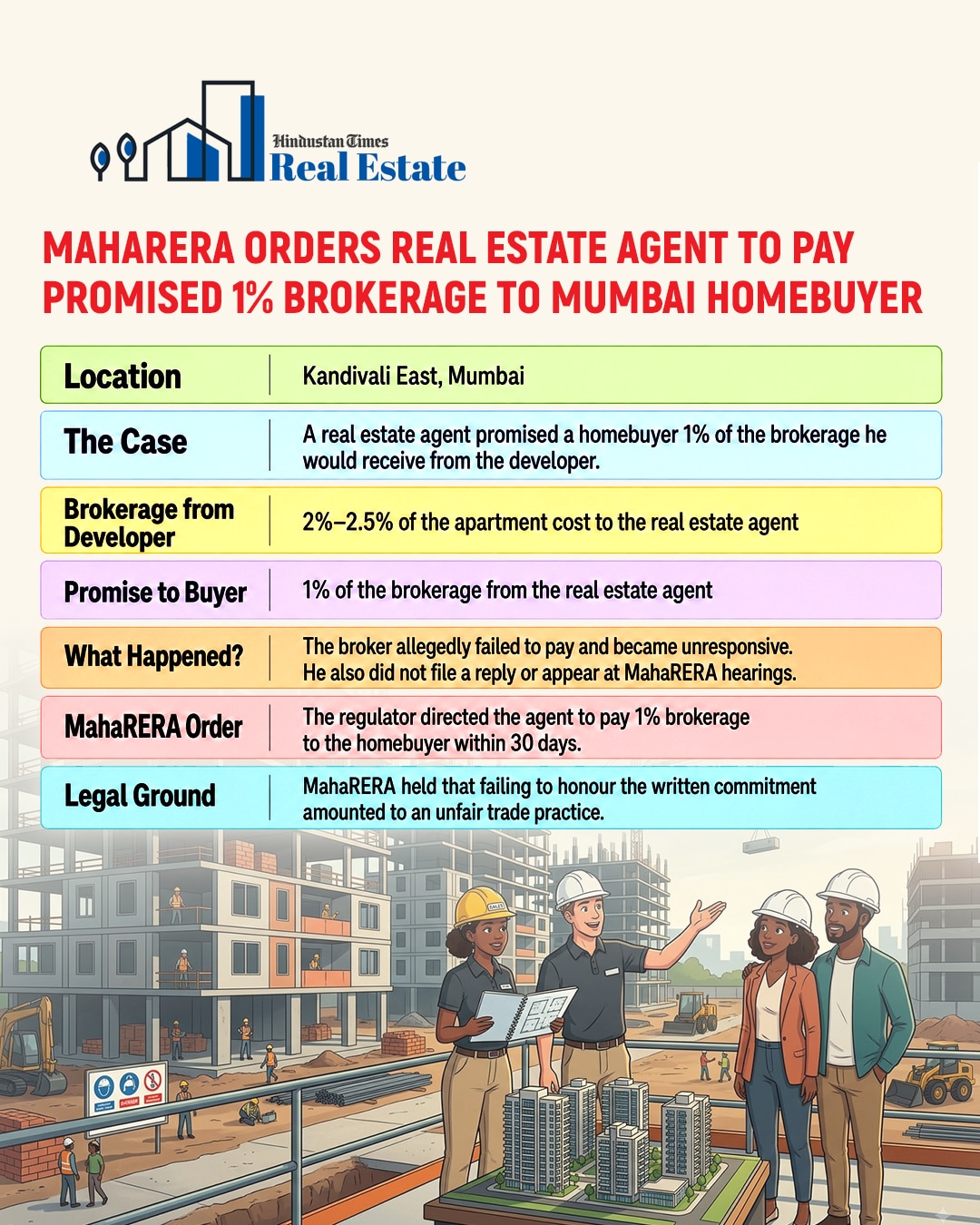 MahaRERA directed a real estate agent to pay 1% of the brokerage he received from a developer to a homebuyer who purchased a flat in the Mumbai real estate market through him. (HT Graphics) MahaRERA directed a real estate agent to pay 1% of the brokerage he received from a developer to a homebuyer who purchased a flat in the Mumbai real estate market through him. (HT Graphics)