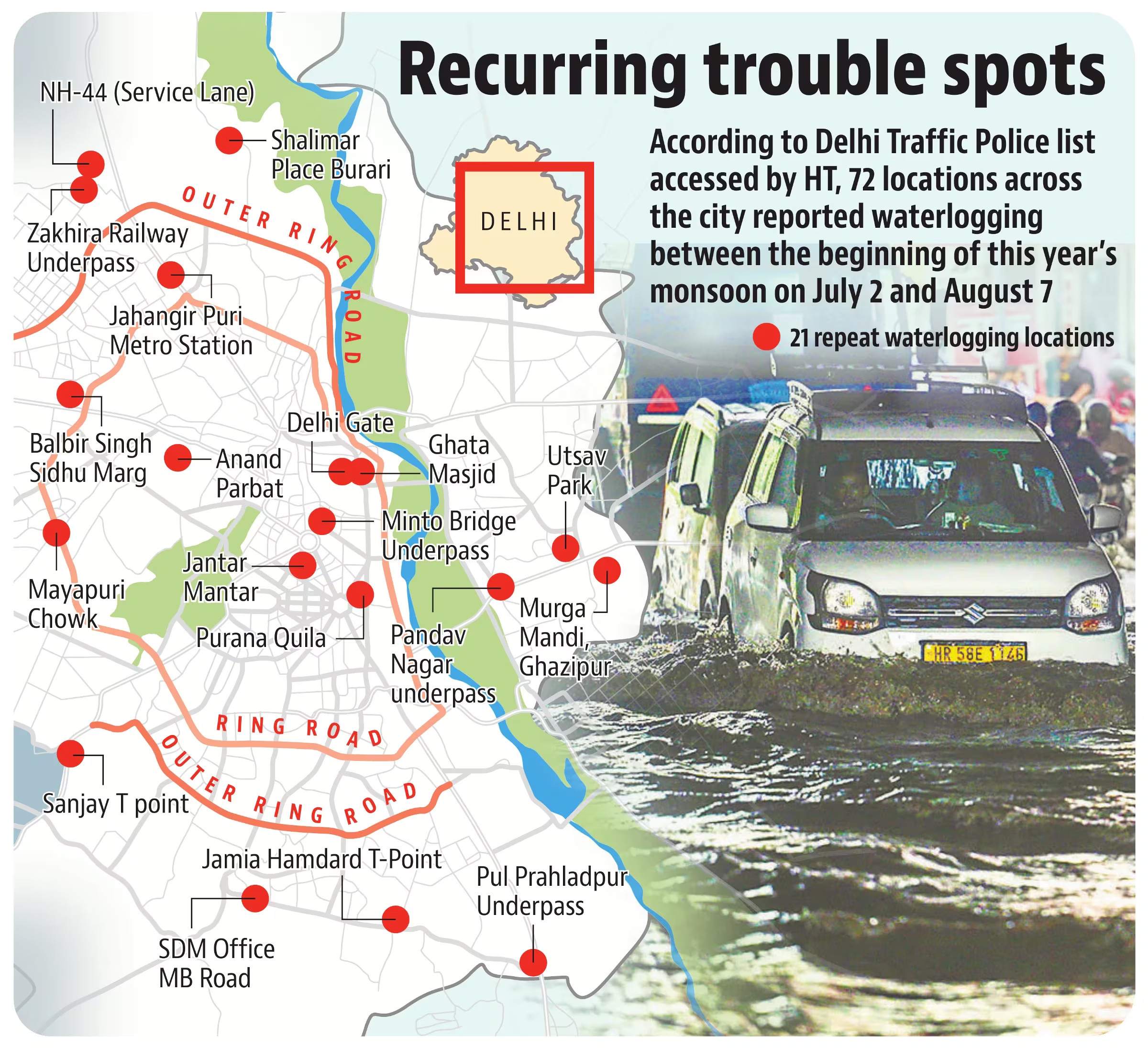 Delhi Traffic Police identified 21 locations that faced inundation (HT)