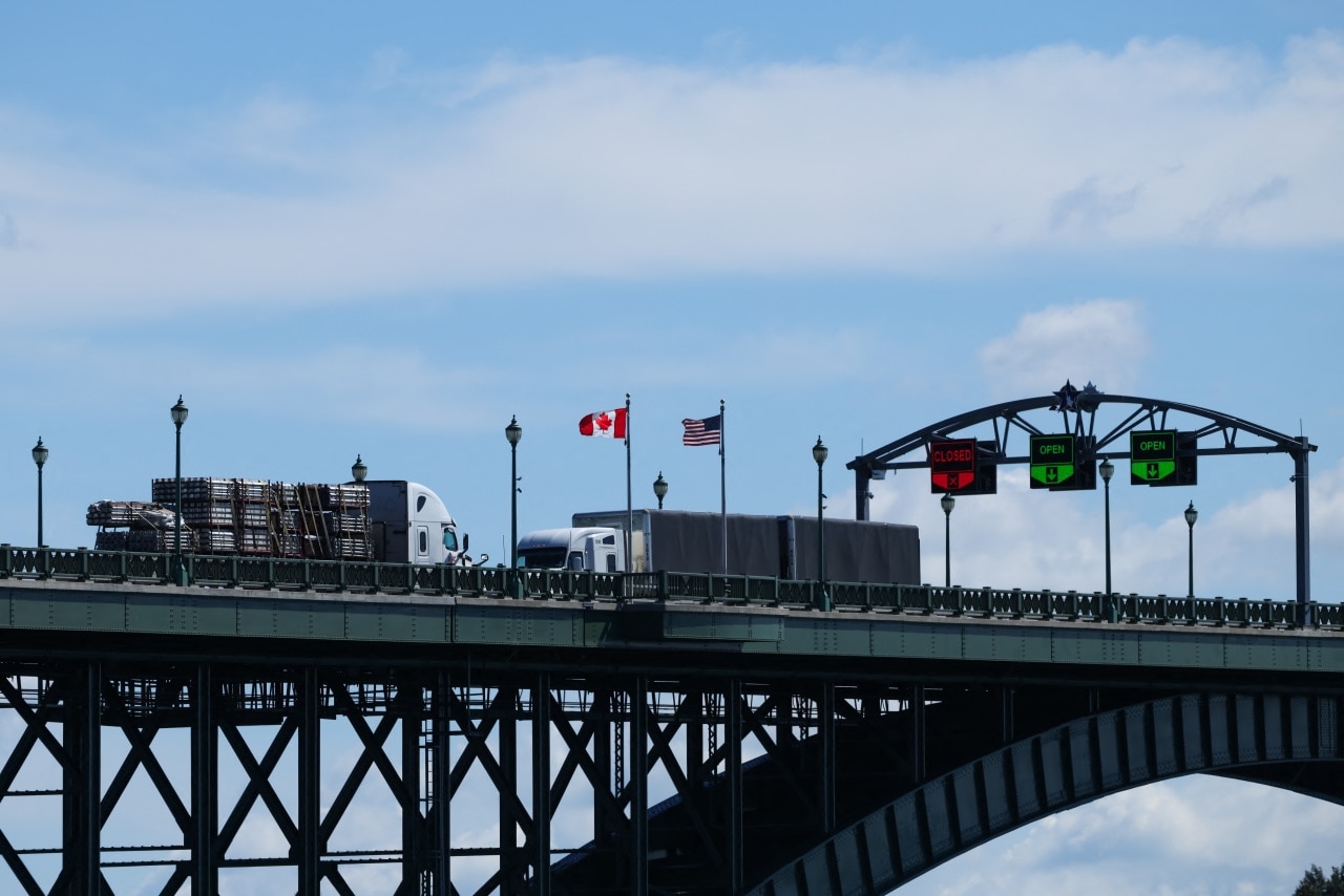 Trucks passing over the Peace Bridge between Canada and the U.S. in Fort Erie, Ontario, on Tuesday. Trucks passing over the Peace Bridge between Canada and the U.S. in Fort Erie, Ontario, on Tuesday.