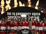 Arsenal players celebrate winning the English FA Community Shield match against Manchester City. (AFP)