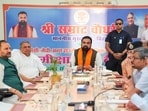 Bihar CM Samrat Choudhary holds a review meeting after inspecting the site of the Kosi-Mechi Inter-State River Link Project, currently under construction at Chainpur village of Supaul district, on Wednesday (HT PHOTO)
