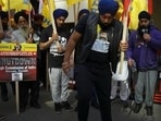 Inderjeet Singh Gosal (centre) at a protest in front of the Indian consulate in Toronto, Canada in 2024.