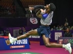 India’s Ayush Shetty in action against Sri Lanka’s Dumindu Abeywickrama during their World Championships match. (Sanchit Khanna/ Hindustan Times)