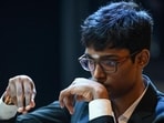Indian chess grandmaster Rameshbabu Praggnanandhaa gestures during a game in the Tata Steel Chess India tournament in Kolkata on November 17, 2024. (Photo by DIBYANGSHU SARKAR / AFP) (AFP)