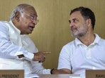 Leader of the Opposition in the Lok Sabha Rahul Gandhi interacts with Congress president Mallikarjun Kharge during the Congress Working Committee (CWC) meeting in New Delhi.