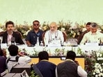 Union Home Minister Amit Shah, centre, with Tamil Nadu Chief Minister Joseph Vijay, left, Andhra Pradesh Chief Minister N Chandrababu Naidu, right, during the 31st Meeting of the Southern Zonal Council (SZC) at Mahabalipuram, in Chengalpattu district, Thursday, Aug. 20.