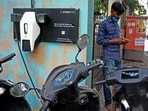 Pune, India - Dec. 26, 2021: EV Charging point installed out side a cafe off FC road (Dheeraj Bengrut story) in Pune, India, on Sunday, December 26, 2021. (Photo by Ravindra Joshi/HT PHOTO)