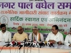 Rajendra Pal Gautam, in-charge UP Congress, Ajay Rai, president, Uttar Pradesh Congress and others address the media in Lucknow on Thursday. (HT Photo)