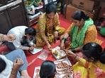 Women busy making eco-friendly rakhis in Prayagraj (HT Photo)