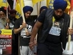 Inderjeet Singh Gosal (centre) at a protest in front of the Indian consulate in Toronto, Canada in 2024.
