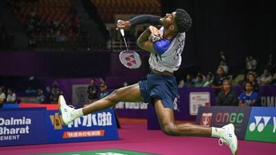 India’s Ayush Shetty in action against Sri Lanka’s Dumindu Abeywickrama during their World Championships match. (Sanchit Khanna/ Hindustan Times) India’s Ayush Shetty in action against Sri Lanka’s Dumindu Abeywickrama during their World Championships match. (Sanchit Khanna/ Hindustan Times)