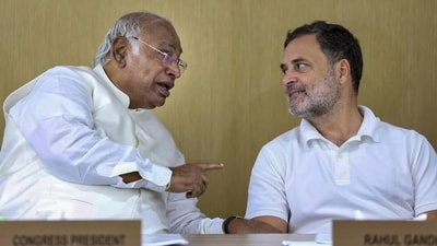 Leader of the Opposition in the Lok Sabha Rahul Gandhi interacts with Congress president Mallikarjun Kharge during the Congress Working Committee (CWC) meeting in New Delhi. (AICC/PTI) Leader of the Opposition in the Lok Sabha Rahul Gandhi interacts with Congress president Mallikarjun Kharge during the Congress Working Committee (CWC) meeting in New Delhi. (AICC/PTI)