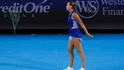 Aryna Sabalenka tosses her racket as she reacts to returning a shot against Sara Bejlek (CZE) during the Cincinnati Open at Lindner Family Tennis Center (IMAGN IMAGES via Reuters Connect)