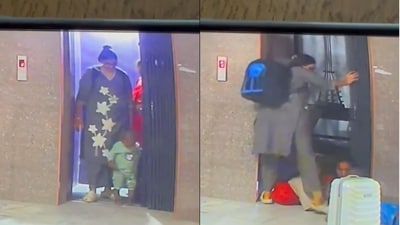 Visuals from the incident show Vanitha’s daughter attempting to push the lift gate upwards while calling for help. (X/@GUMMALLALAKSHM3) Visuals from the incident show Vanitha’s daughter attempting to push the lift gate upwards while calling for help. (X/@GUMMALLALAKSHM3)