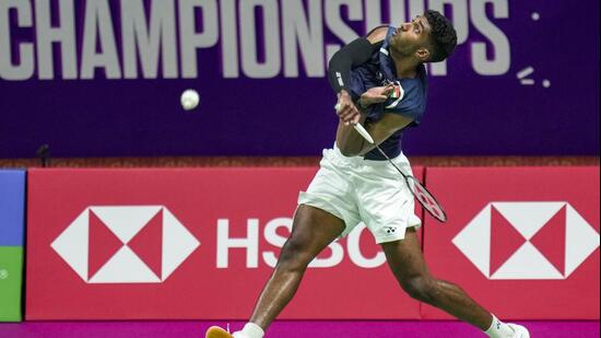 Ayush Shetty competes in the round of 64 match against China's Shi Yuqi during the BWF World Championships. (PTI)