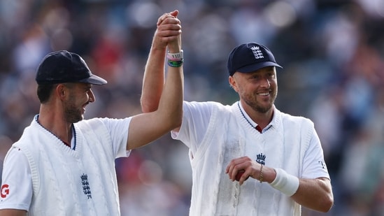 England's Josh Tongue celebrates with Ollie Robinson after bowling out Pakistan's Mohammad Abbas for a five-wicket haul 