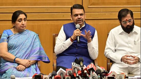 Mumbai, India - June 21, 2026: CM Devendra Fadnavis(C), Dy CM Sunetra Pawar(L) and Dy CM Eknath Shinde(R) during the press conference ahead of the upcoming Monsoon Session, Sahaydri Guest House, in Mumbai, India, on Sunday, June 21, 2026. (Photo by Anshuman Poyrekar/Hindustan Times) (Anshuman Poyrekar/HT Photo)