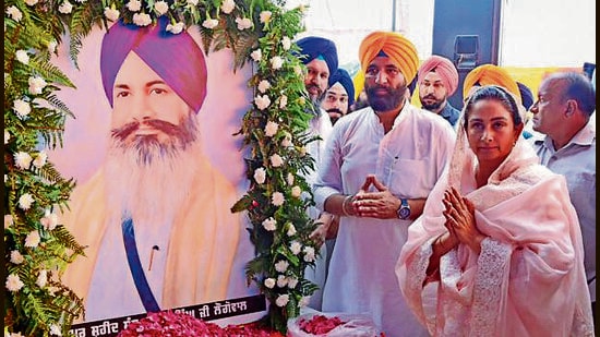 SAD leader and Bathinda MP Harsimrat Kaur Badal during an event to mark the 41st death anniversary of Sant Harchand Singh Longowal in Sangrur on Thursday . (HT)