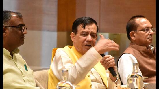 Uttar Pradesh Legislative Assembly speaker Satish Mahana addressing an event in Lucknow on August 20. (Sourced)
