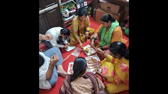 Women busy making eco-friendly rakhis in Prayagraj (HT Photo)