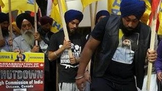 Inderjeet Singh Gosal (centre) at a protest in front of the Indian consulate in Toronto, Canada in 2024.
