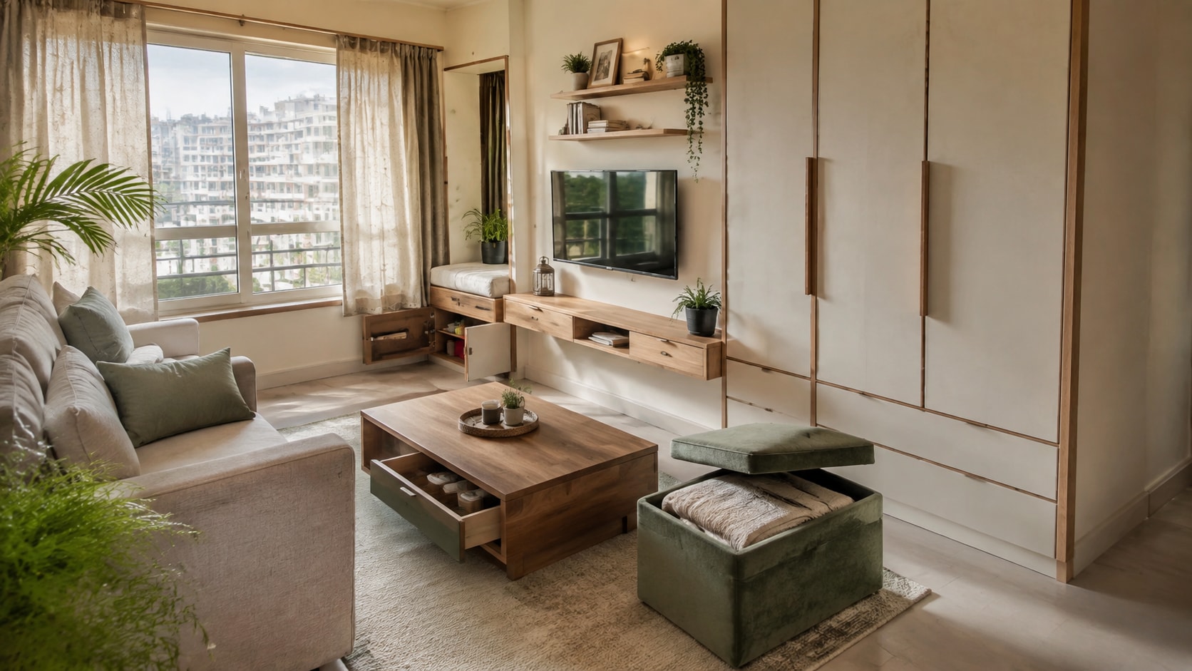 From built-in cabinets, vertical shelves to coffee table with hidden drawers and storage ottaman, you can maximise the space with the help of invisible storage. (Picture credit: Freepik) From built-in cabinets, vertical shelves to coffee table with hidden drawers and storage ottaman, you can maximise the space with the help of invisible storage. (Picture credit: Freepik)