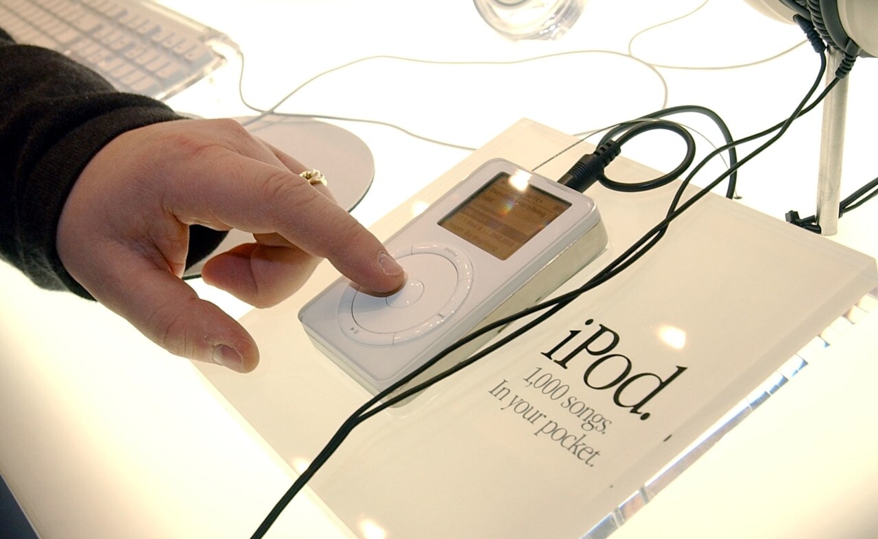 An Apple iPod music player on display at the Macworld Conference and Convention in 2002. Some of the innovations developed by Jobs at NeXT became integral to Apple’s operating system.