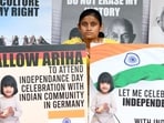 Dhara Shah, mother of Ariha Shah who is in German foster care, stage a demonstration at Jantar Mantar to allow the child to celebrate Independence Day with the Indian Community in Germany, in New Delhi on Friday. (ANI Photo)