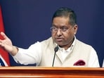 MEA Spokesperson Randhir Jaiswal addresses a press conference, in New Delhi on Friday.