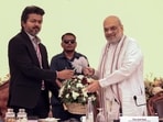 Union Home Minister Amit Shah being felicitated by Tamil Nadu Chief Minister S Joseph Vijay at the 31st Southern Regional Council Meeting at Mahabalipuram, in Chengalpattu on Thursday.