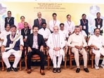 Union Home Minister Amit Shah, Tamil Nadu Chief Minister S. Joseph Vijay, Karnataka Chief Minister DK Shivakumar, Keralam Chief Minister V. D. Satheesan, Andhra Pradesh Chief Minister N Chandrababu Naidu, Karnataka Minister Priyank Kharge and others pose for group picture at the 31st Southern Zonal Council meeting.